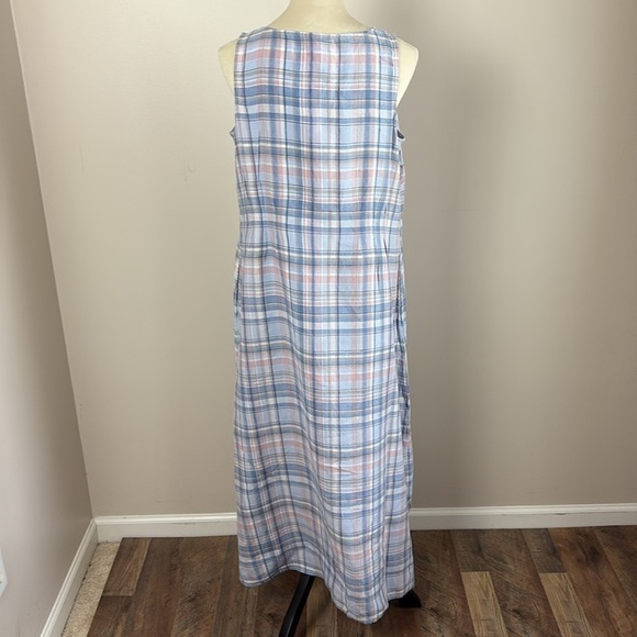 J Jill The Madras Maxi Dress 100% Linen Sleeveless Relaxed Fit Pockets Blue Sz M - Picture 9 of 14